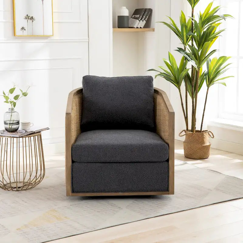 Sillón giratorio tipo barril de ratán negro carbón, 1 asiento
