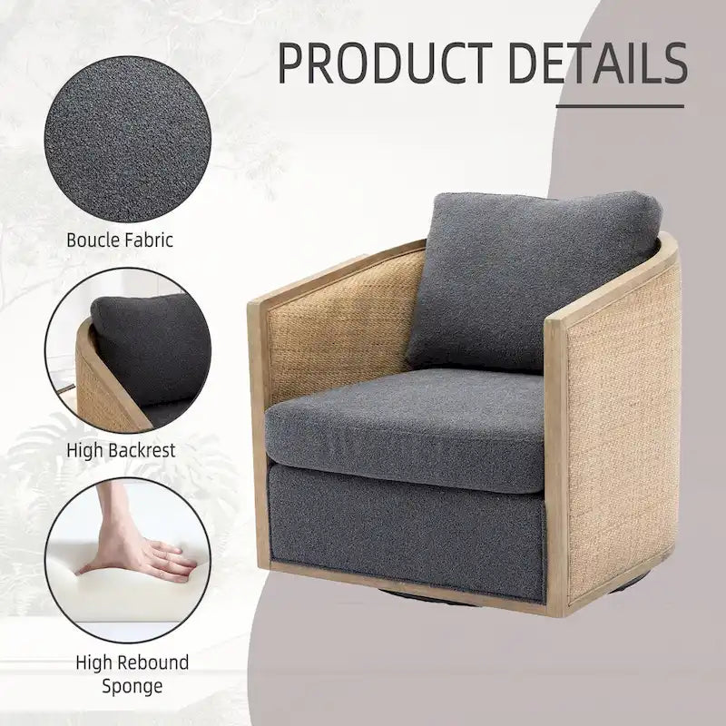 Sillón giratorio tipo barril de ratán negro carbón, 1 asiento