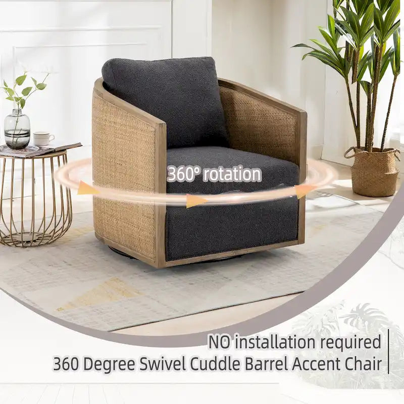 Sillón giratorio tipo barril de ratán negro carbón, 1 asiento