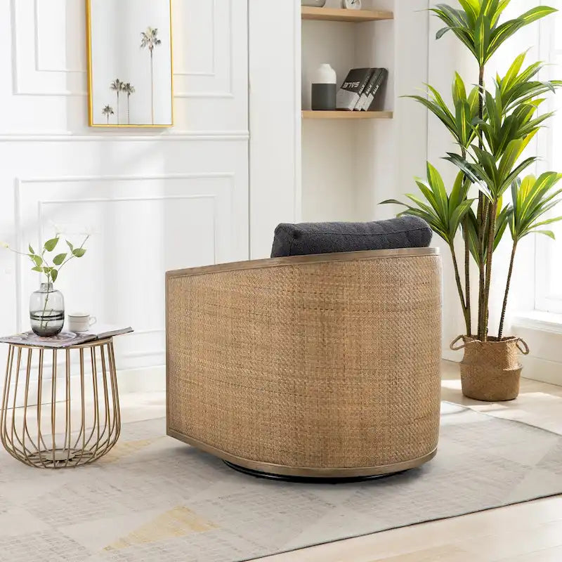 Sillón giratorio tipo barril de ratán negro carbón, 1 asiento