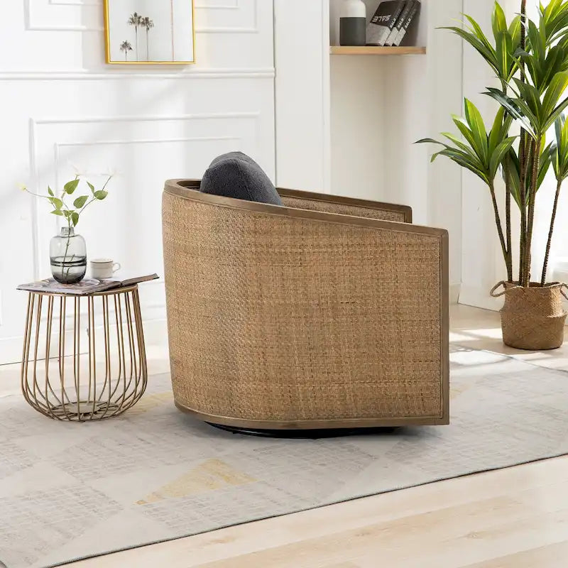 Sillón giratorio tipo barril de ratán negro carbón, 1 asiento