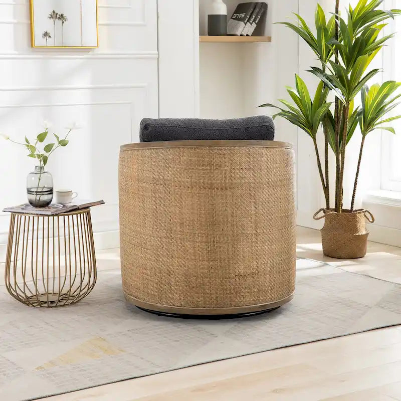 Sillón giratorio tipo barril de ratán negro carbón, 1 asiento