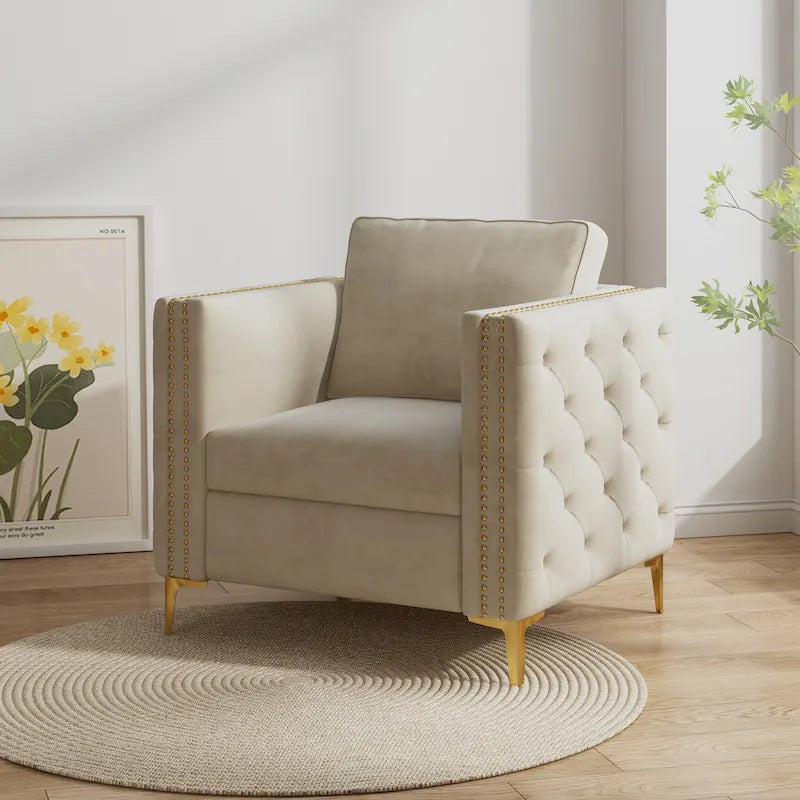 Sillón Acentual de Terciopelo con Patas de Metal Dorado, Asiento Individual – Azul Marino / Negro / Beige / Caqui