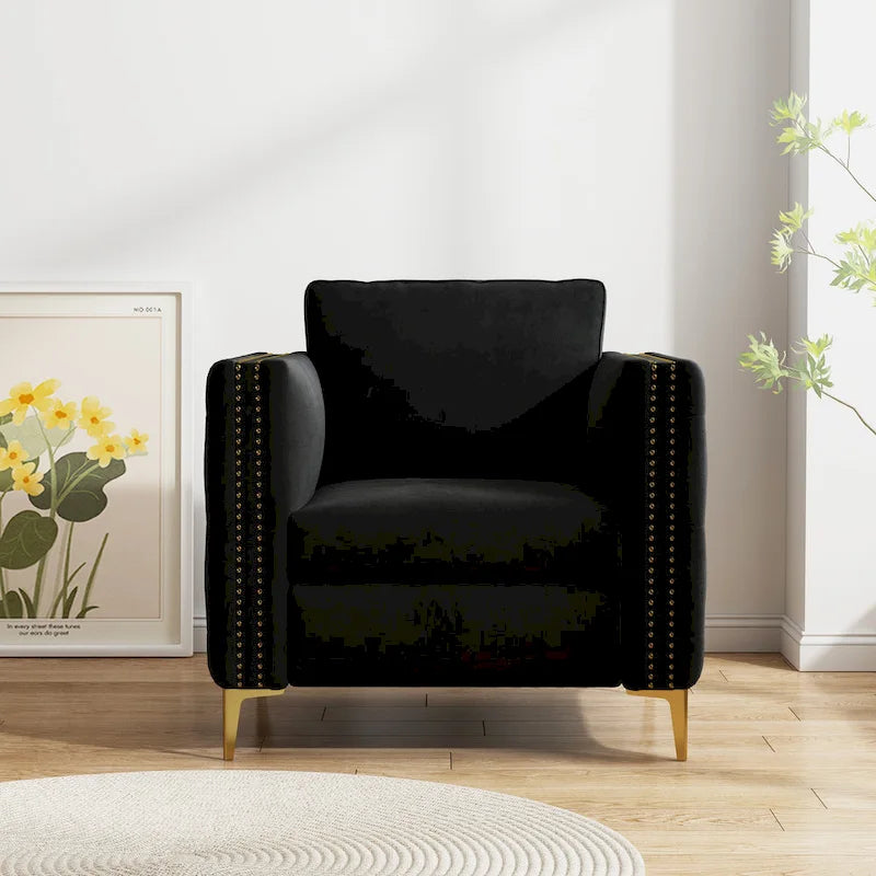 Sillón Acentual de Terciopelo con Patas de Metal Dorado, Asiento Individual – Azul Marino / Negro / Beige / Caqui