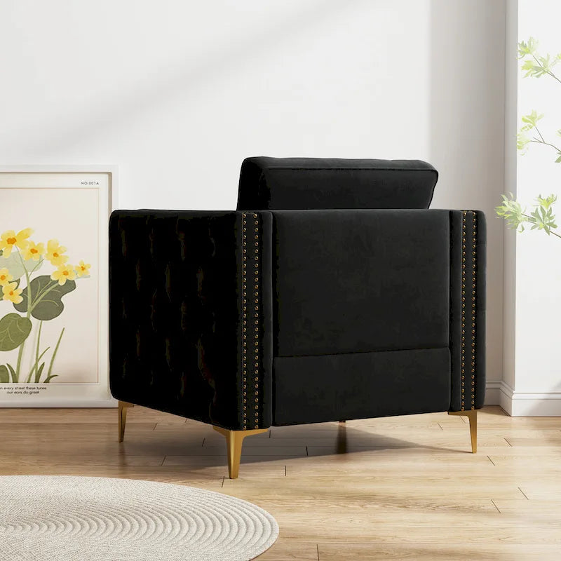 Sillón Acentual de Terciopelo con Patas de Metal Dorado, Asiento Individual – Azul Marino / Negro / Beige / Caqui