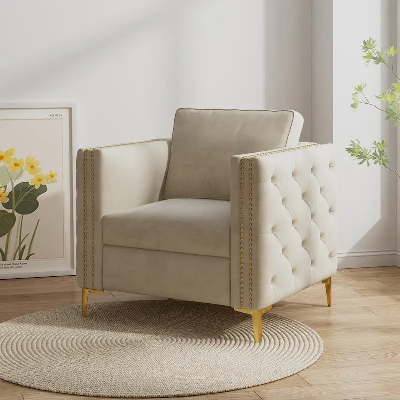 Sillón Acentual de Terciopelo con Patas de Metal Dorado, Asiento Individual – Azul Marino / Negro / Beige / Caqui