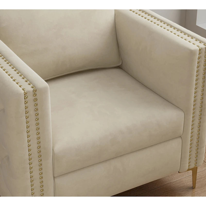 Sillón Acentual de Terciopelo con Patas de Metal Dorado, Asiento Individual – Azul Marino / Negro / Beige / Caqui