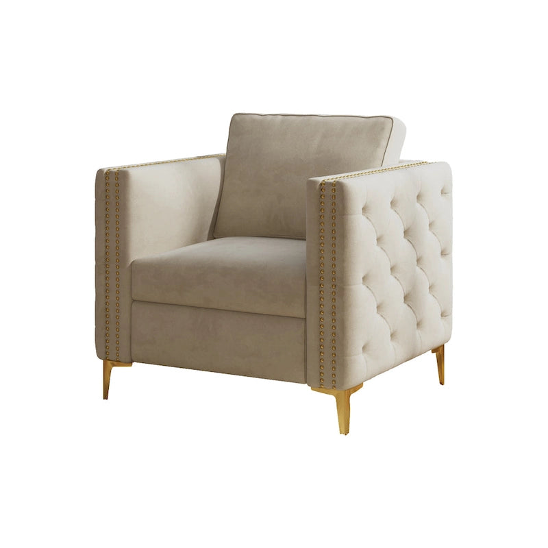 Sillón Acentual de Terciopelo con Patas de Metal Dorado, Asiento Individual – Azul Marino / Negro / Beige / Caqui
