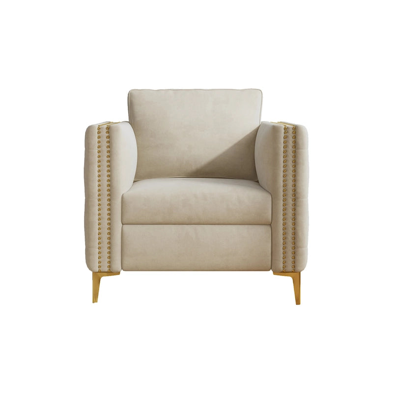 Sillón Acentual de Terciopelo con Patas de Metal Dorado, Asiento Individual – Azul Marino / Negro / Beige / Caqui