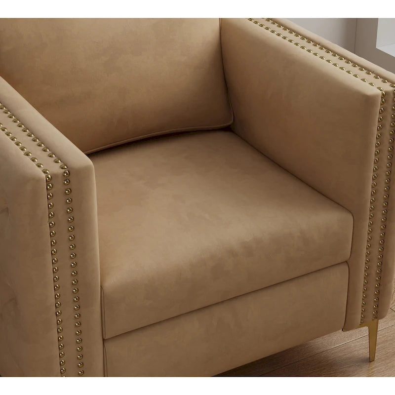 Sillón Acentual de Terciopelo con Patas de Metal Dorado, Asiento Individual – Azul Marino / Negro / Beige / Caqui