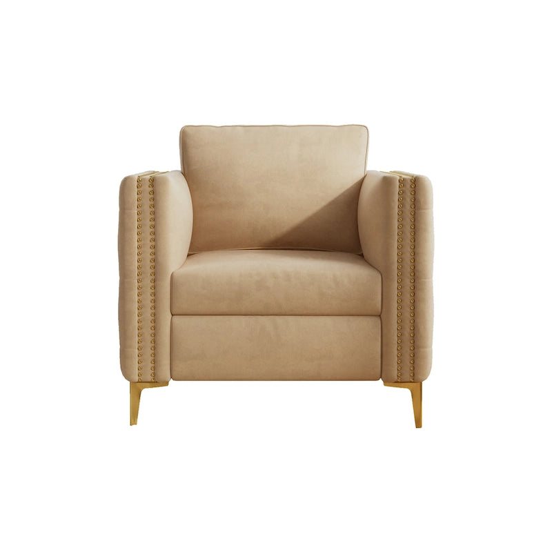 Sillón Acentual de Terciopelo con Patas de Metal Dorado, Asiento Individual – Azul Marino / Negro / Beige / Caqui