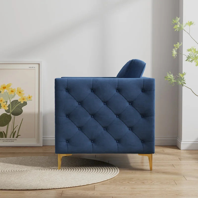 Sillón Acentual de Terciopelo con Patas de Metal Dorado, Asiento Individual – Azul Marino / Negro / Beige / Caqui