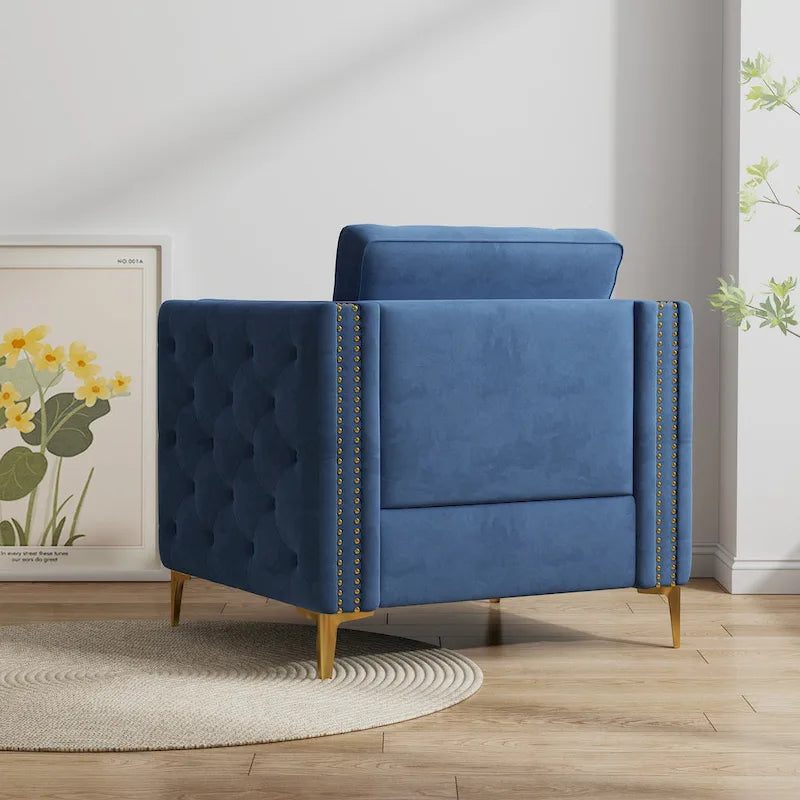 Sillón Acentual de Terciopelo con Patas de Metal Dorado, Asiento Individual – Azul Marino / Negro / Beige / Caqui