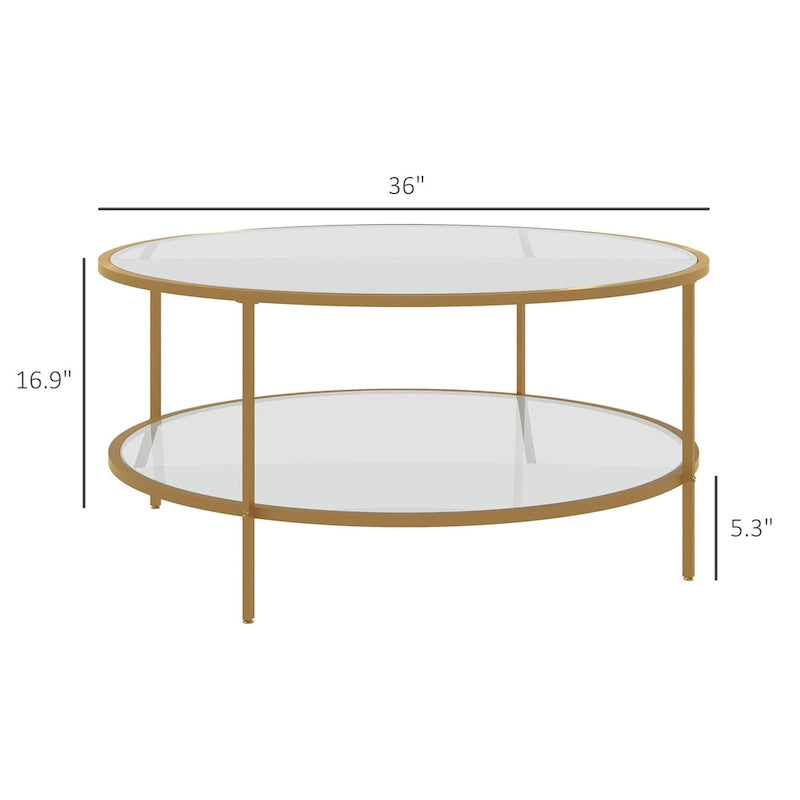 Mesa auxiliar redonda dorada de 2 niveles, cristal templado y estructura de acero