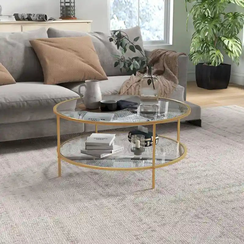 Mesa auxiliar redonda dorada de 2 niveles, cristal templado y estructura de acero