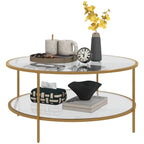 Mesa auxiliar redonda dorada de 2 niveles, cristal templado y estructura de acero