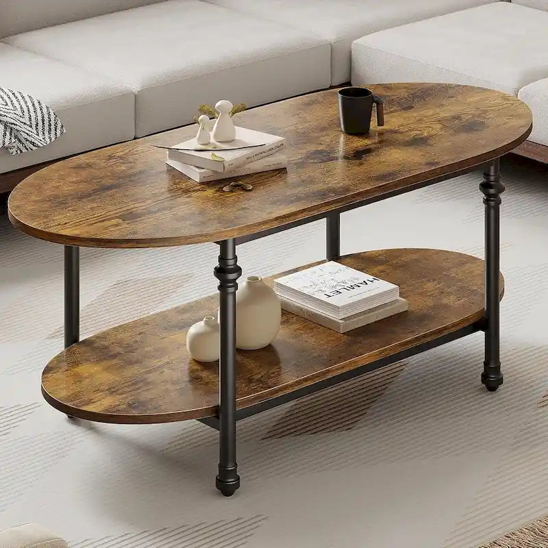 Mesa de centro ovalada de 2 niveles, marrón/gris, 120 cm, 1-2 personas