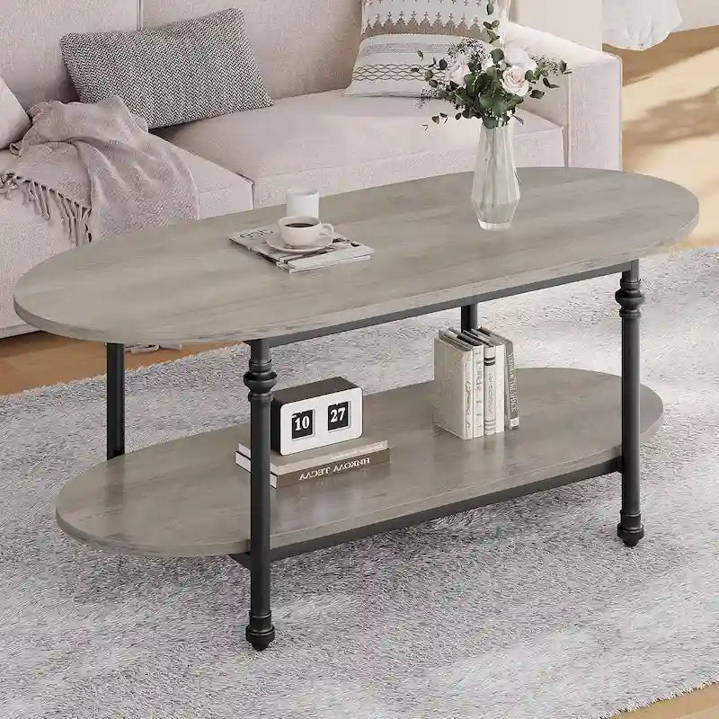 Mesa de centro ovalada de 2 niveles, marrón/gris, 120 cm, 1-2 personas