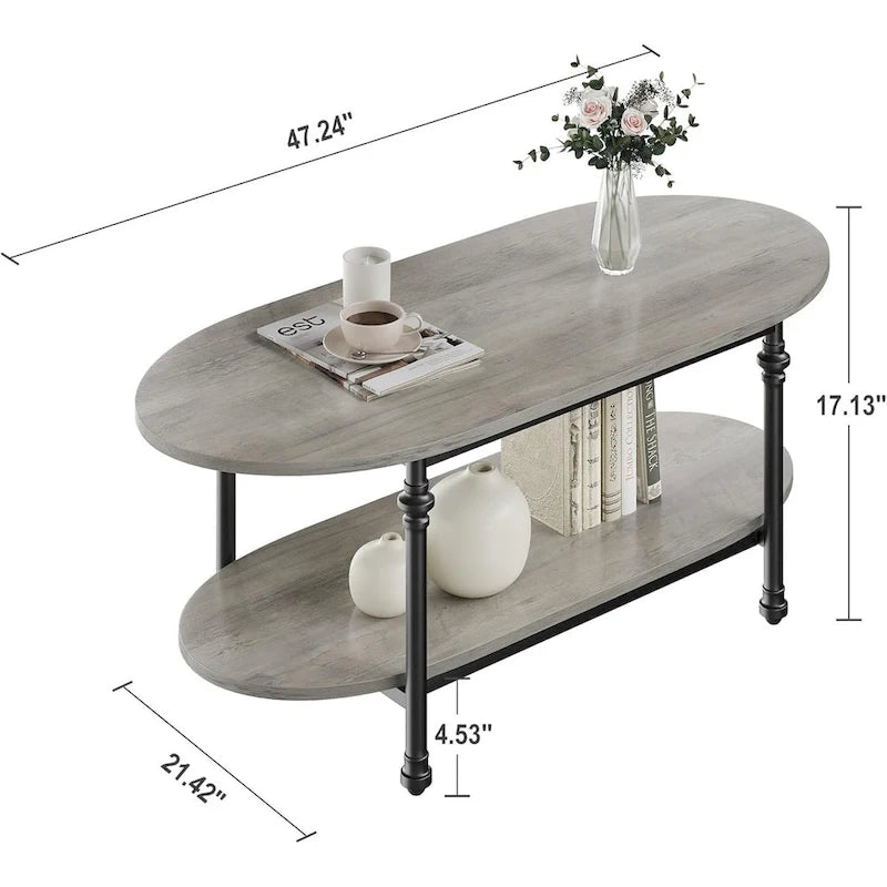 Mesa de centro ovalada de 2 niveles, marrón/gris, 120 cm, 1-2 personas