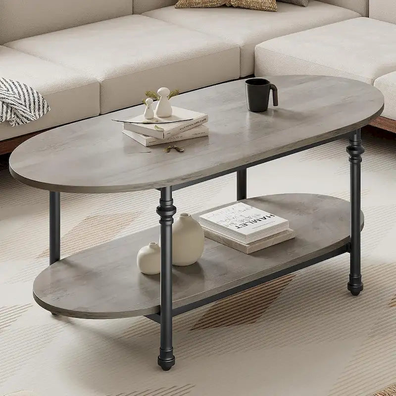 Mesa de centro ovalada de 2 niveles, marrón/gris, 120 cm, 1-2 personas