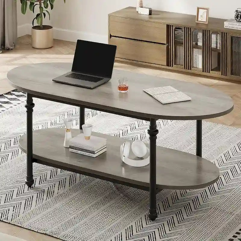 Mesa de centro ovalada de 2 niveles, marrón/gris, 120 cm, 1-2 personas