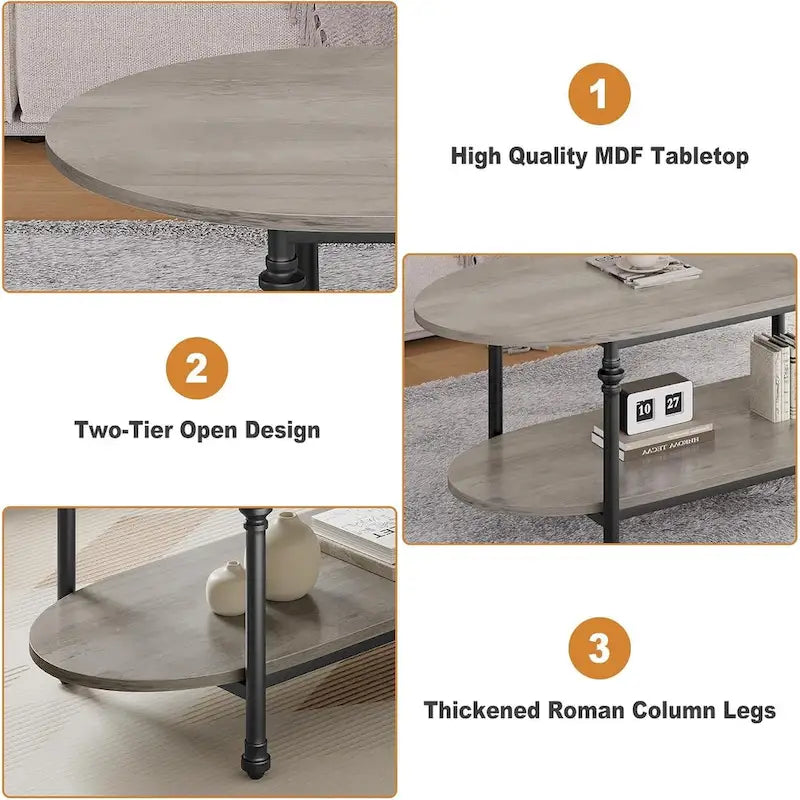 Mesa de centro ovalada de 2 niveles, marrón/gris, 120 cm, 1-2 personas