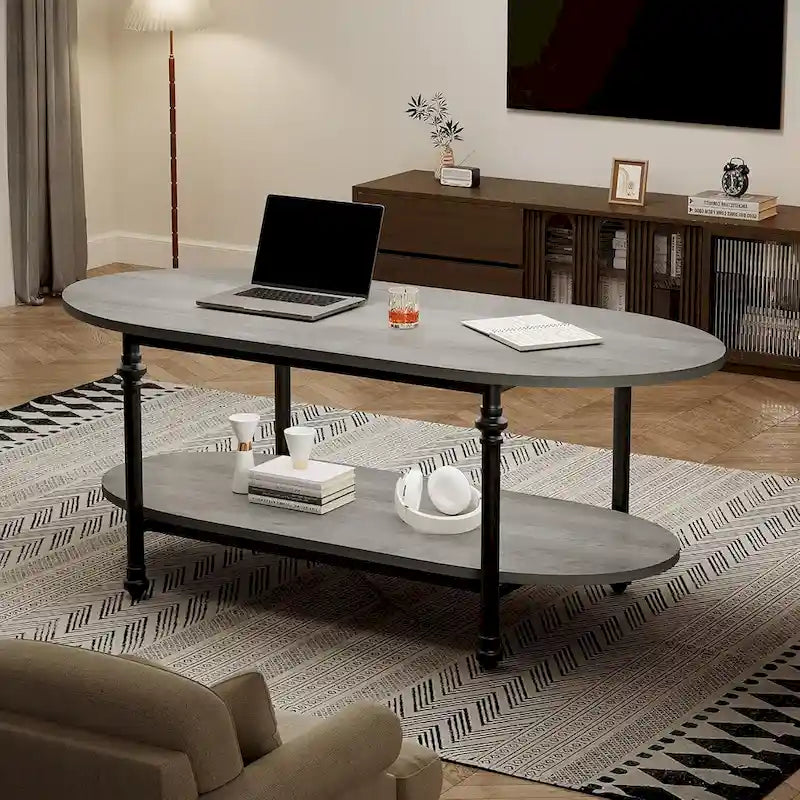Mesa de centro ovalada de 2 niveles, marrón/gris, 120 cm, 1-2 personas