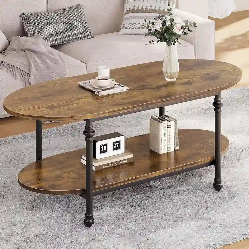 Mesa de centro ovalada de 2 niveles, marrón/gris, 120 cm, 1-2 personas
