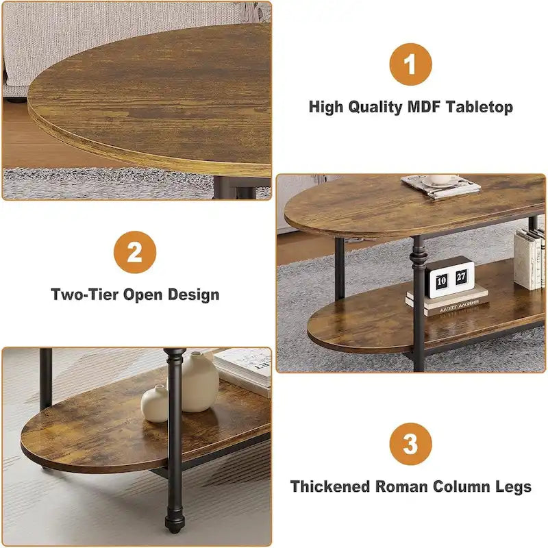Mesa de centro ovalada de 2 niveles, marrón/gris, 120 cm, 1-2 personas