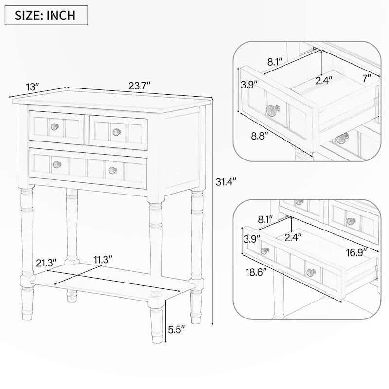 Mesa consola con cajones y estante en colores natural, azul claro, azul marino, beige o negro