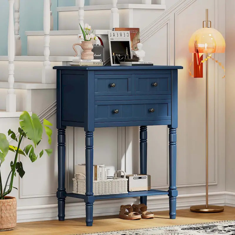 Mesa consola con cajones y estante en colores natural, azul claro, azul marino, beige o negro