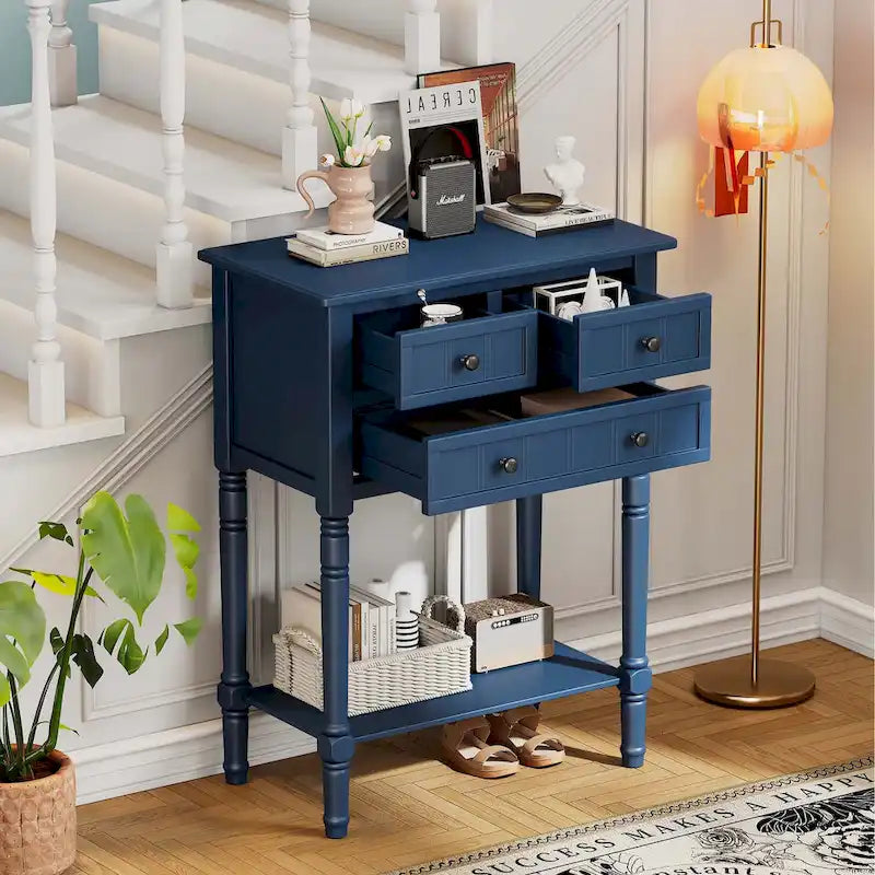 Mesa consola con cajones y estante en colores natural, azul claro, azul marino, beige o negro