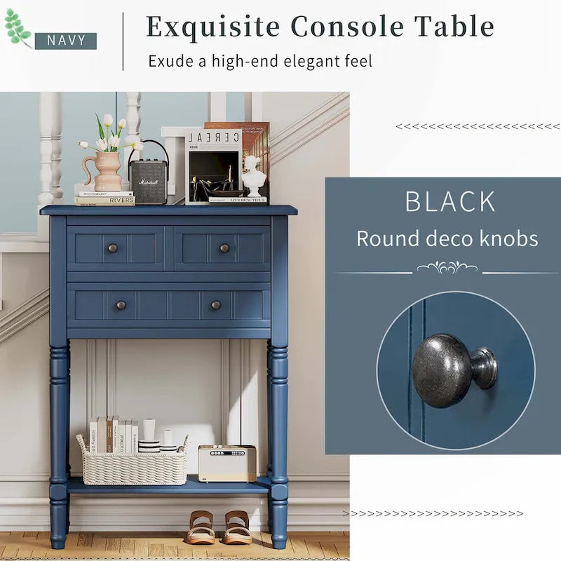 Mesa consola con cajones y estante en colores natural, azul claro, azul marino, beige o negro