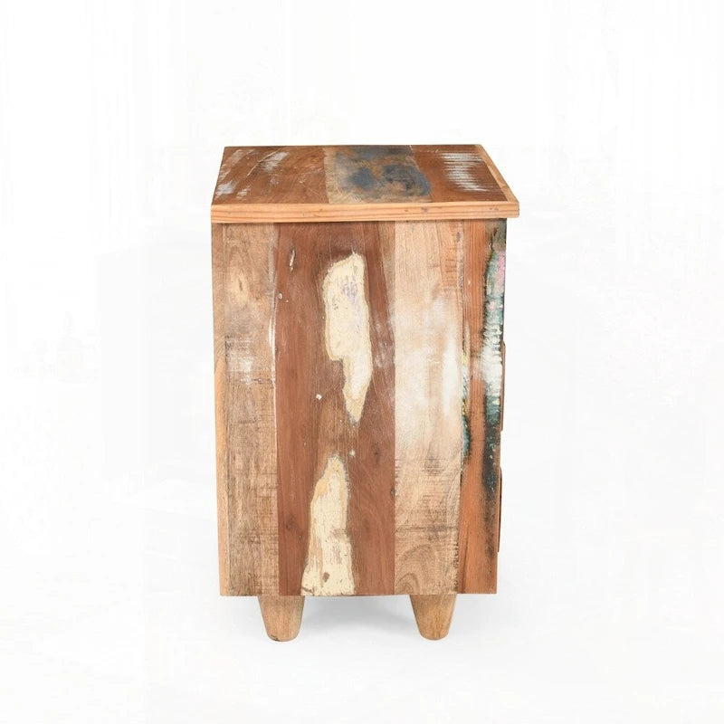 Mesita de noche de madera natural con 3 cajones, estilo rústico, 1 persona
