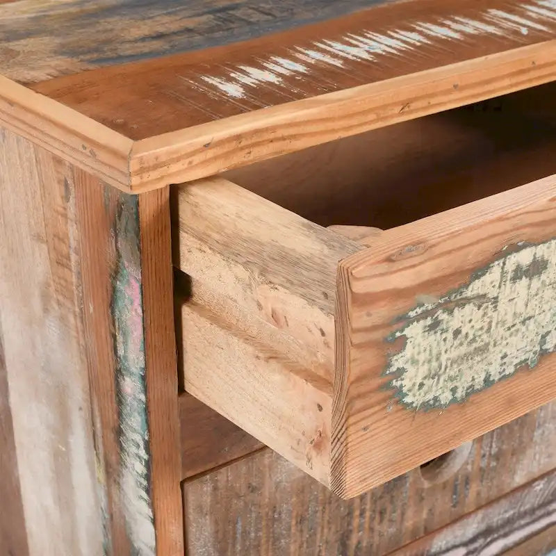 Mesita de noche de madera natural con 3 cajones, estilo rústico, 1 persona