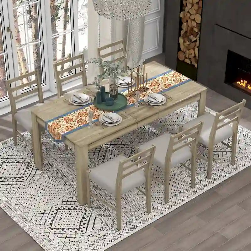 Juego de comedor extensible de 7 piezas de madera natural lavado / marrón+blanco, con capacidad para hasta 8 personas