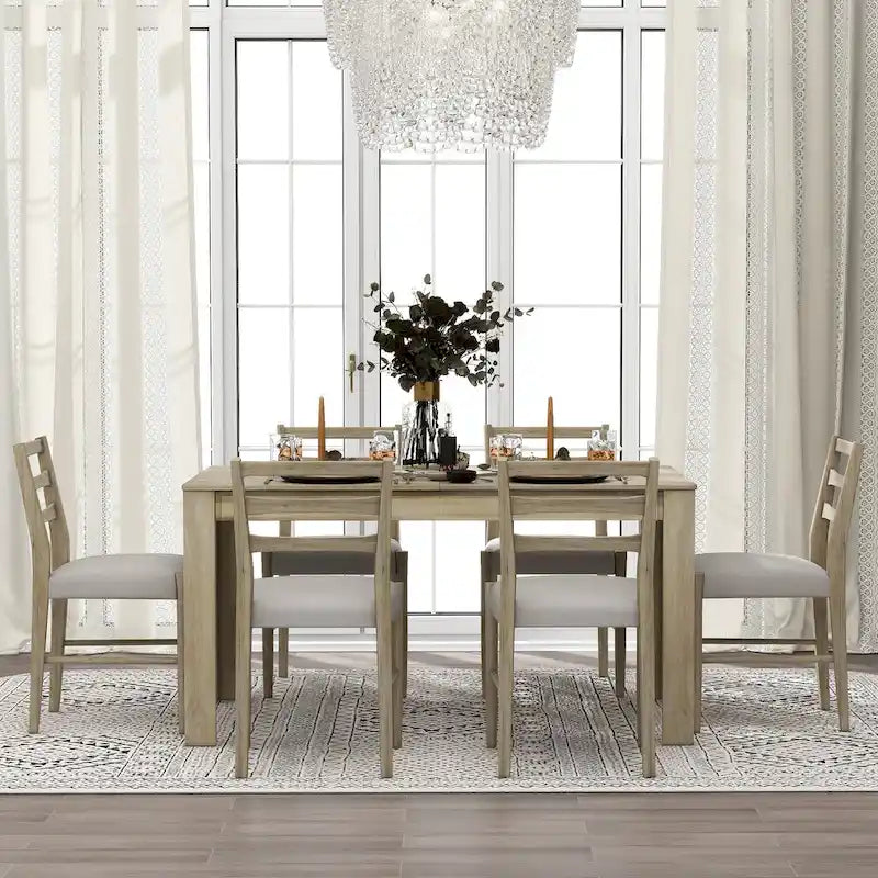 Juego de comedor extensible de 7 piezas de madera natural lavado / marrón+blanco, con capacidad para hasta 8 personas