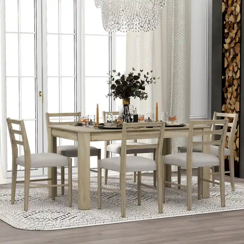 Juego de comedor extensible de 7 piezas de madera natural lavado / marrón+blanco, con capacidad para hasta 8 personas