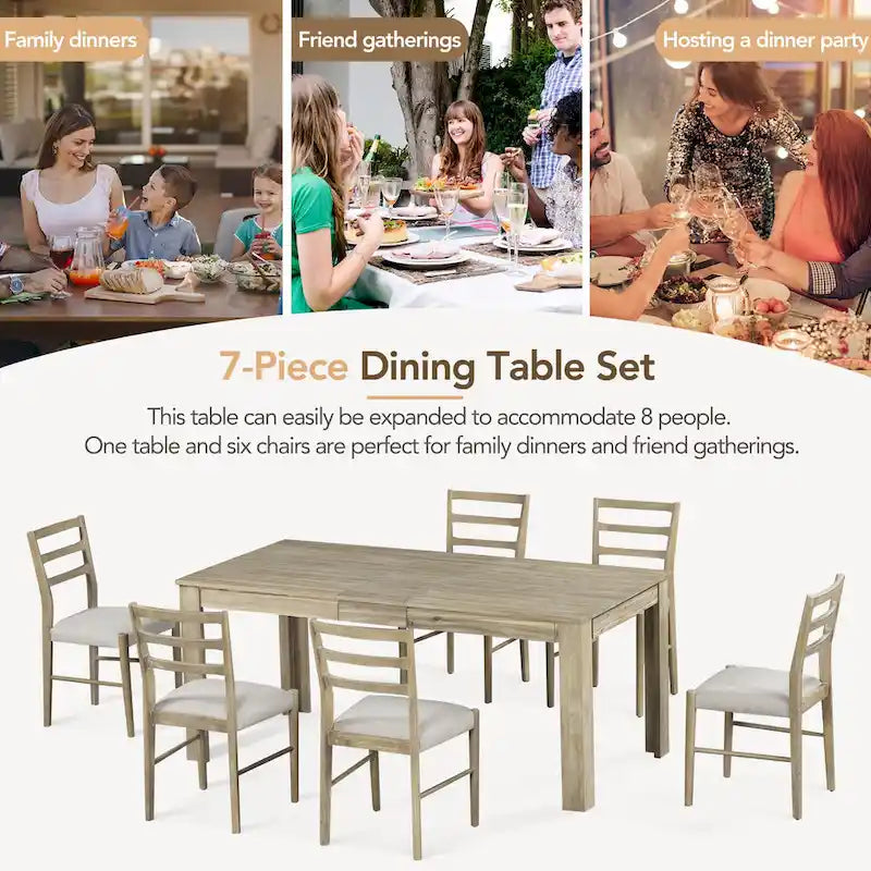 Juego de comedor extensible de 7 piezas de madera natural lavado / marrón+blanco, con capacidad para hasta 8 personas