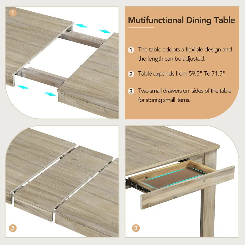 Juego de comedor extensible de 7 piezas de madera natural lavado / marrón+blanco, con capacidad para hasta 8 personas