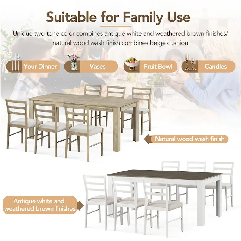 Juego de comedor extensible de 7 piezas de madera natural lavado / marrón+blanco, con capacidad para hasta 8 personas