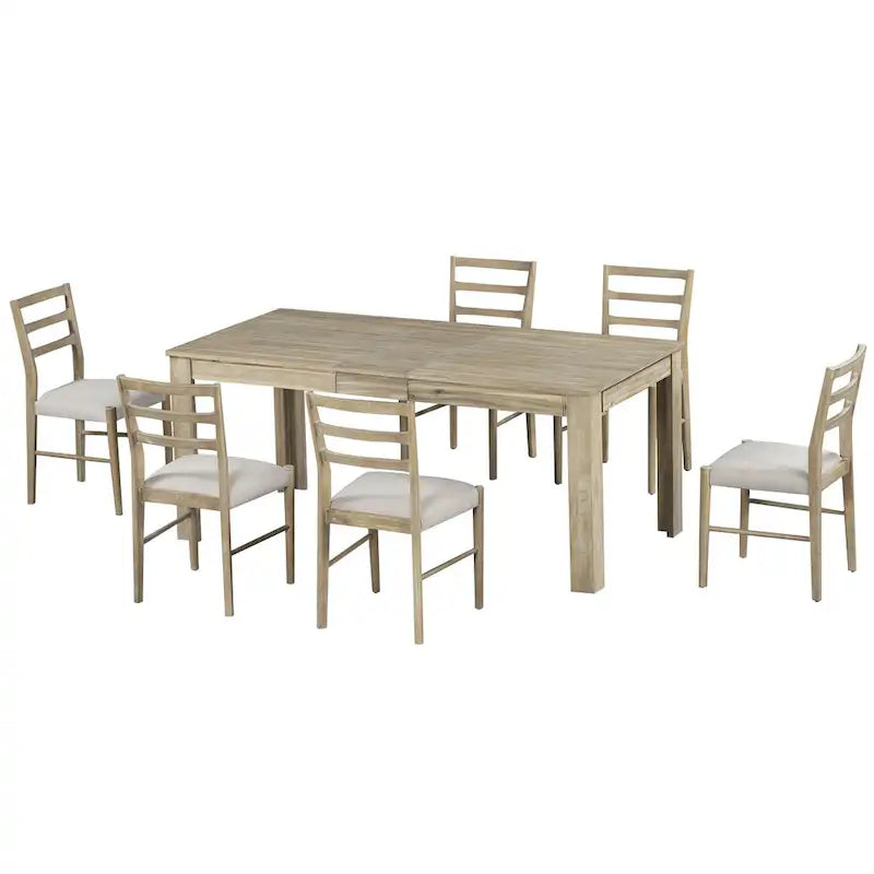 Juego de comedor extensible de 7 piezas de madera natural lavado / marrón+blanco, con capacidad para hasta 8 personas
