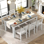 Juego de comedor extensible de 7 piezas de madera natural lavado / marrón+blanco, con capacidad para hasta 8 personas