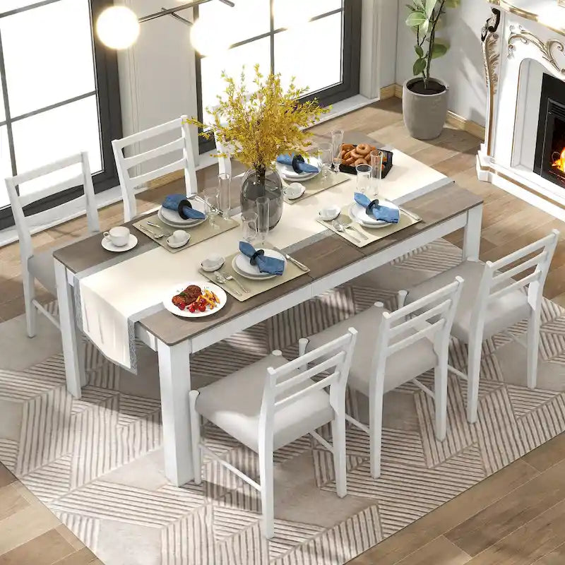 Juego de comedor extensible de 7 piezas de madera natural lavado / marrón+blanco, con capacidad para hasta 8 personas