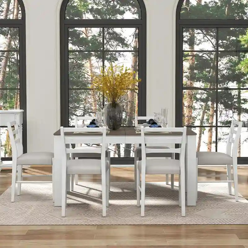 Juego de comedor extensible de 7 piezas de madera natural lavado / marrón+blanco, con capacidad para hasta 8 personas