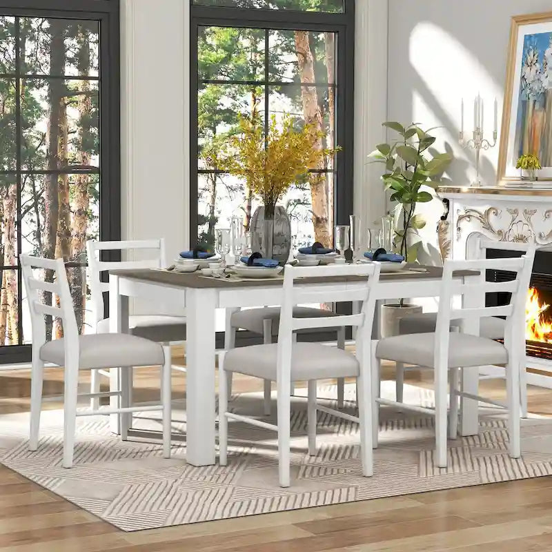 Juego de comedor extensible de 7 piezas de madera natural lavado / marrón+blanco, con capacidad para hasta 8 personas