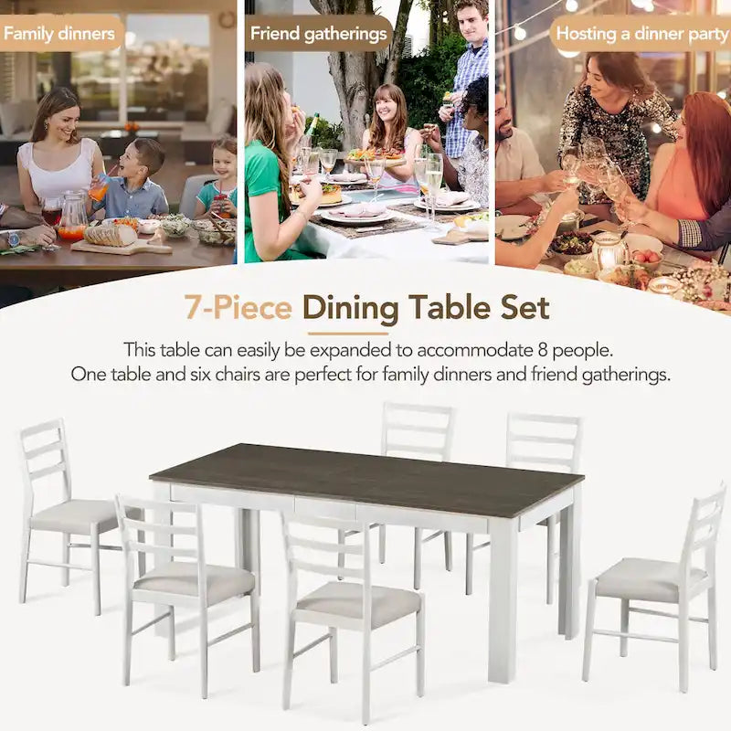 Juego de comedor extensible de 7 piezas de madera natural lavado / marrón+blanco, con capacidad para hasta 8 personas