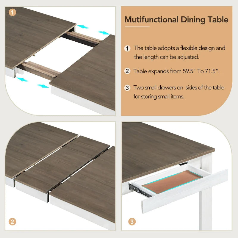 Juego de comedor extensible de 7 piezas de madera natural lavado / marrón+blanco, con capacidad para hasta 8 personas