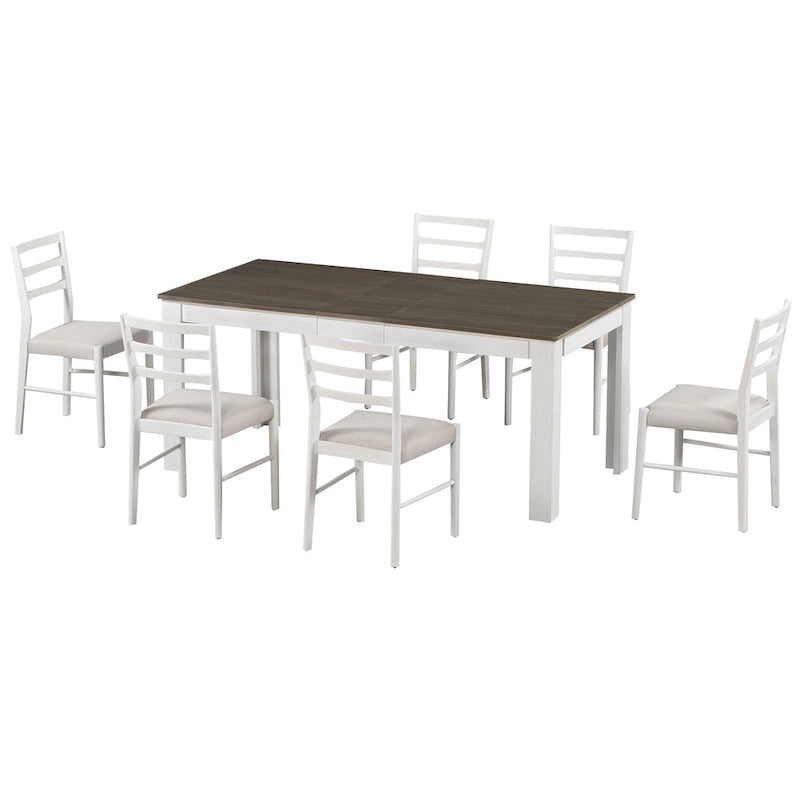Juego de comedor extensible de 7 piezas de madera natural lavado / marrón+blanco, con capacidad para hasta 8 personas