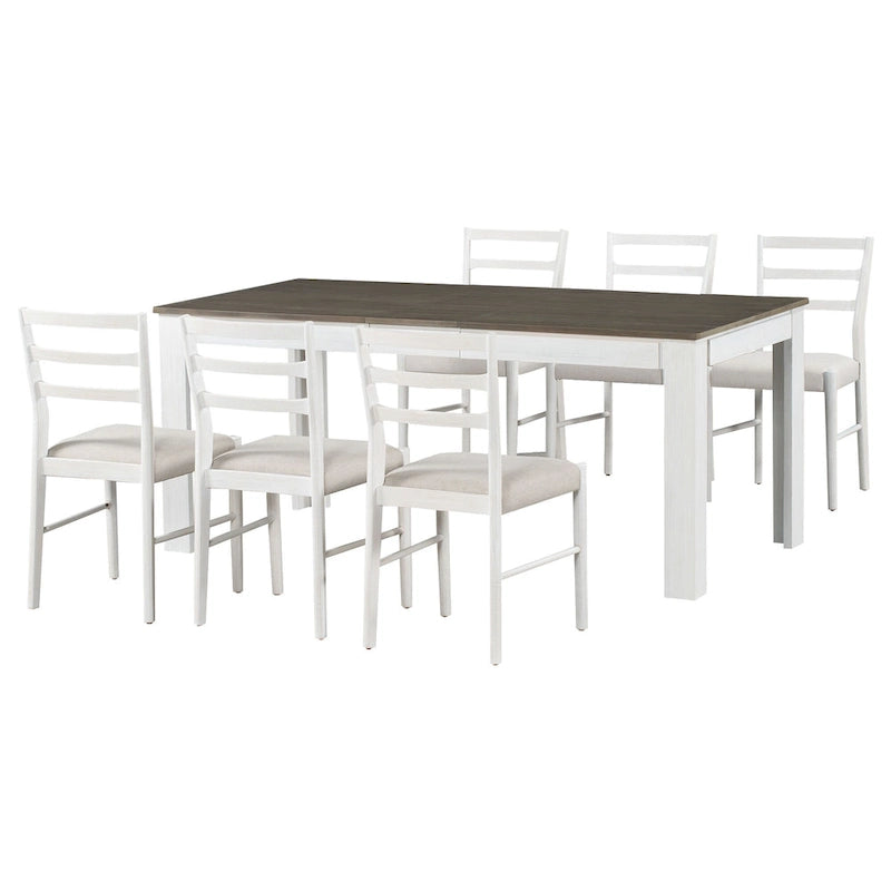 Juego de comedor extensible de 7 piezas de madera natural lavado / marrón+blanco, con capacidad para hasta 8 personas
